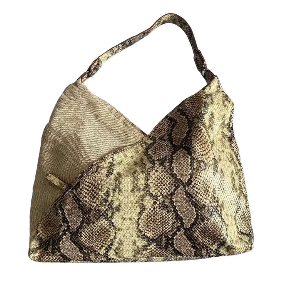 Ann Klein Canvas and Snake print faux leather hobo bag beige neutral tones